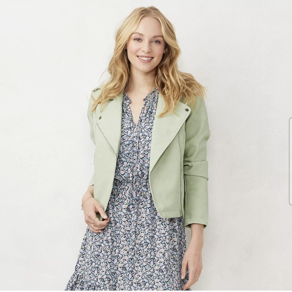 NWOT LC Lauren Conrad Green Leather Moto Jacket Asymmetrical Zipper XS